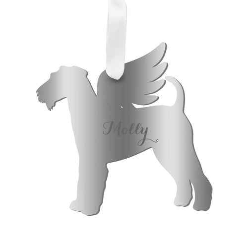 Moon and Lola - Personalized Angel Airedale Terrier Ornament with wings in mirrored silver acrylic