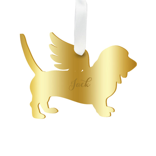 Moon and Lola - Personalized Angel Basset Hound Ornament with wings in mirrored gold