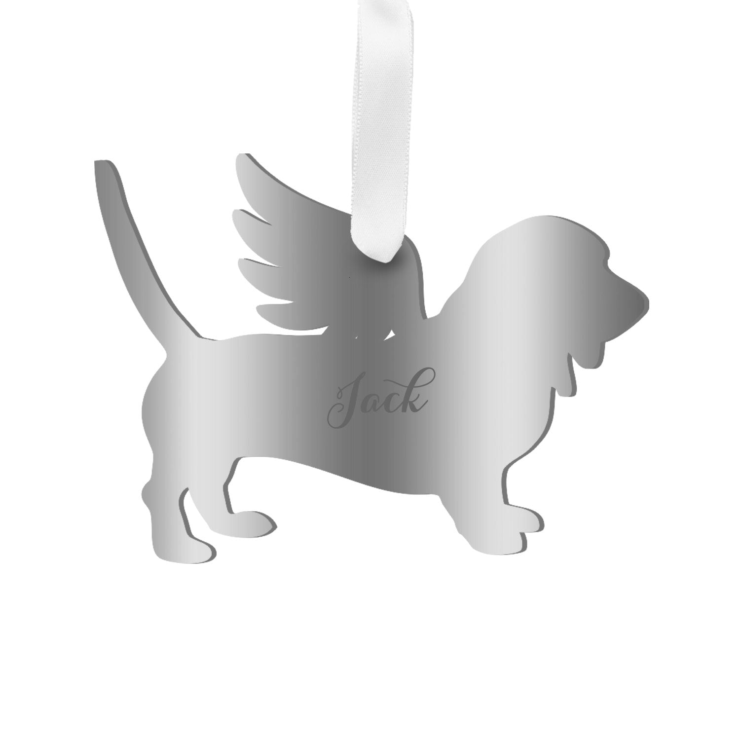 Moon and Lola - Personalized Angel Basset Hound Ornament with wings in mirrored silver