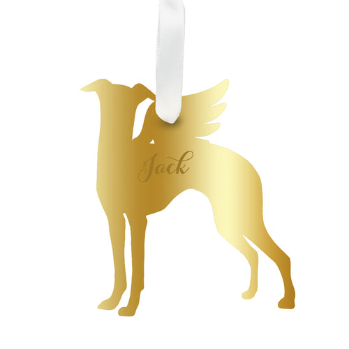 Moon and Lola - Personalized Angel Greyhound Ornament with wings in gold