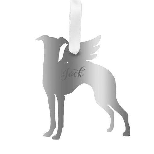 Moon and Lola - Personalized Angel Greyhound Ornament with wings in silver