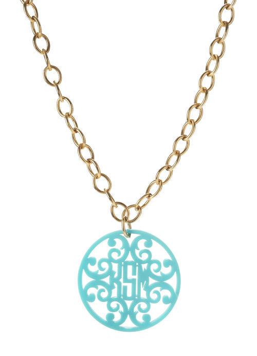 acrylic rimmed filigree monogram on greenwich chain personalized variety silver gold plastic jewelry hand rubbed moon and lola design