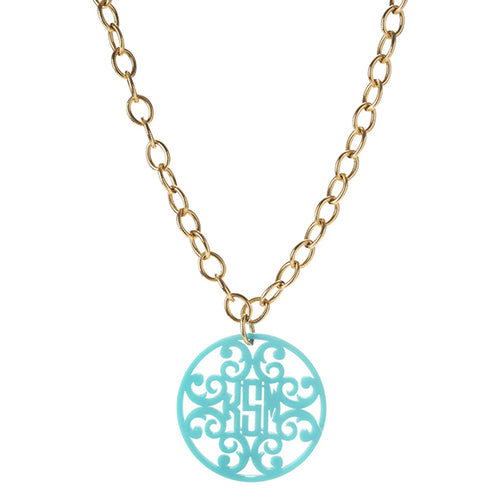 acrylic rimmed filigree monogram on greenwich chain personalized variety silver gold plastic jewelry hand rubbed moon and lola design