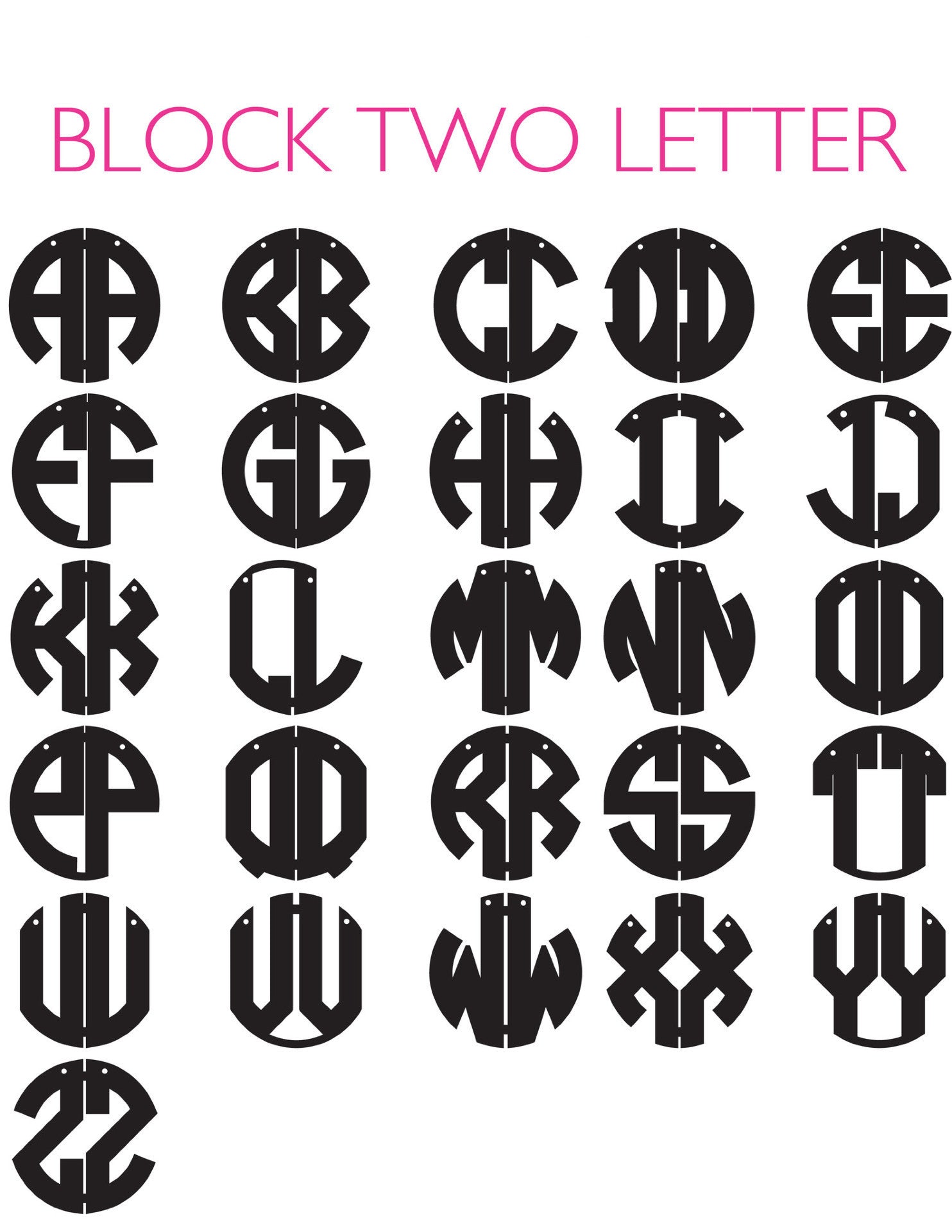 Moon and Lola  - 2 Letter Block Monogram Font Chart
