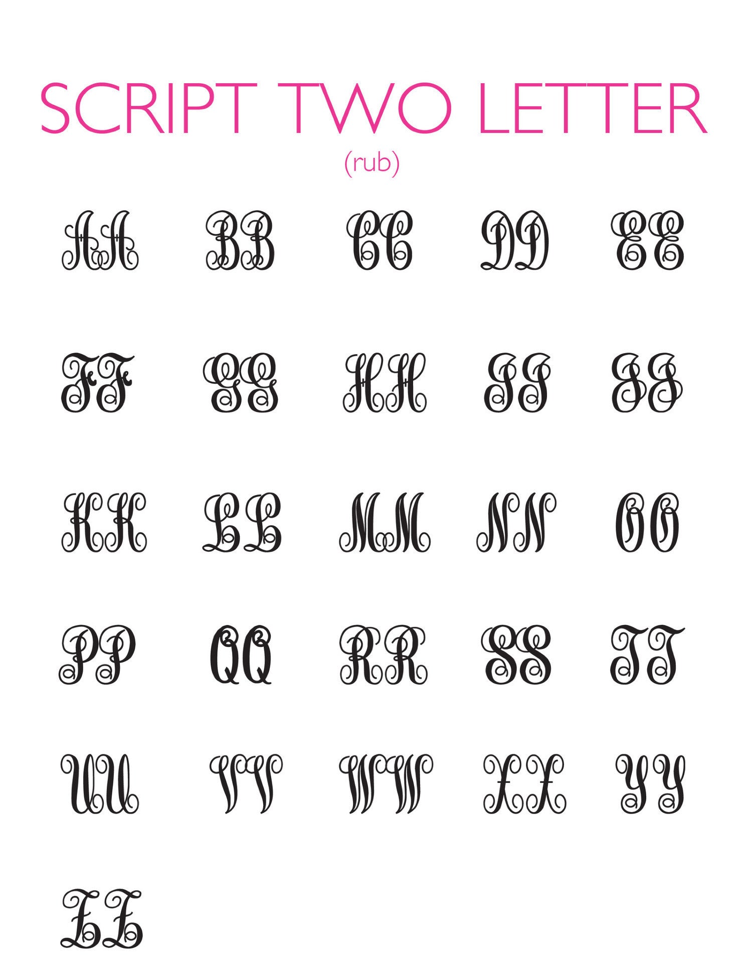 Moon and Lola  - 2 Letter Script Monogram Font Chart 