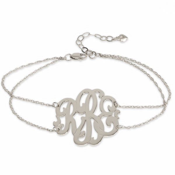 Framed Curly Silver Monogram Bracelet with Double Chain