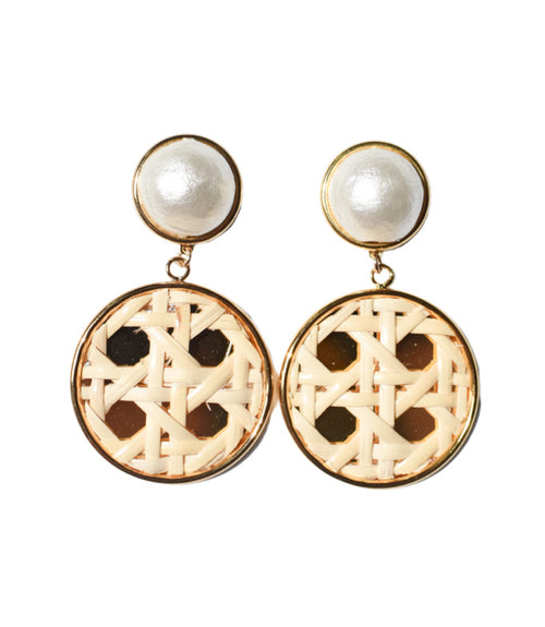 Woven Cane Rattan Pearl Drop Earrings (WS) - Moon and Lola