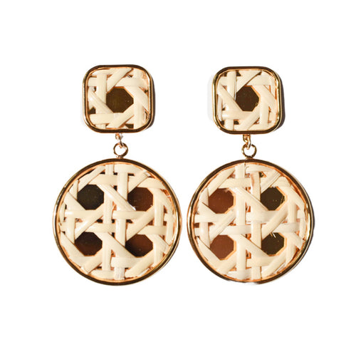 Woven Cane Rattan Square Post Drop Drop Earrings (WS) - Moon and Lola