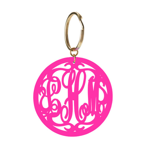 moon and lola rimmed script monogram keychain in hot pink
