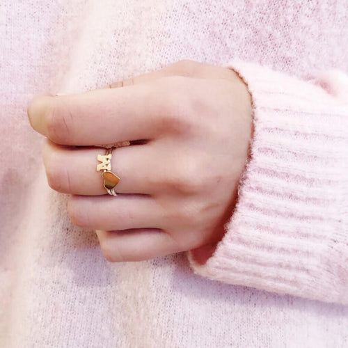 Moon and Lola - Victoria Single Letter Ring Stacked with Victoria Heart Ring